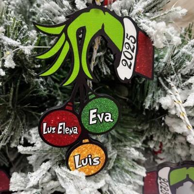 Personalized Grinch Ball Christmas Wooden Ornament Family Name Ball Xmas Tree Decor