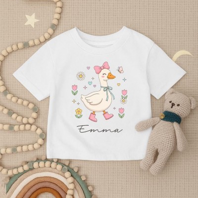 Personalized Goose Toddler Shirt, Custom Floral Goose Infant Shirt, Cute Duck Kids T-shirt, Funny Animal Baby Outfit