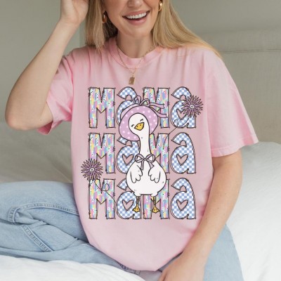 Personalized Mama Goose Shirt Mama Goose Shirt, Pastel Checkered Tee, Cartoon Graphic, Mom Life Apparel Gift For Mom
